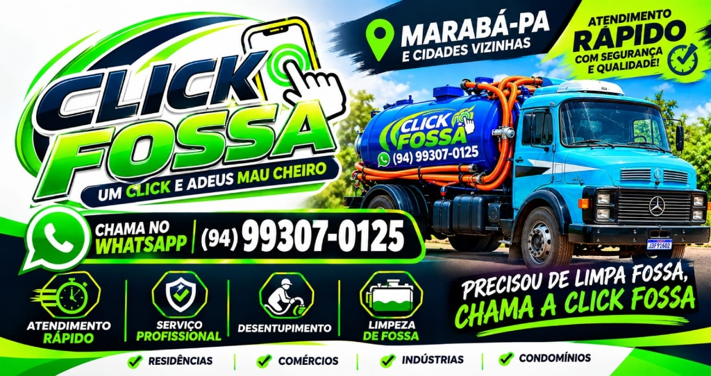 Material da Click Fossa com caminhão azul, serviços e telefone (94) 99307-0125